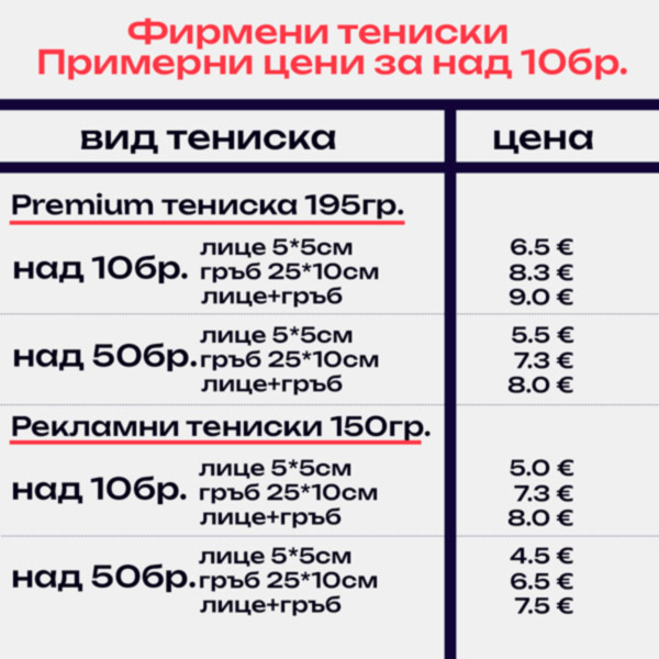 Примерни цени за фирмени тениски с лого BGshtampa
